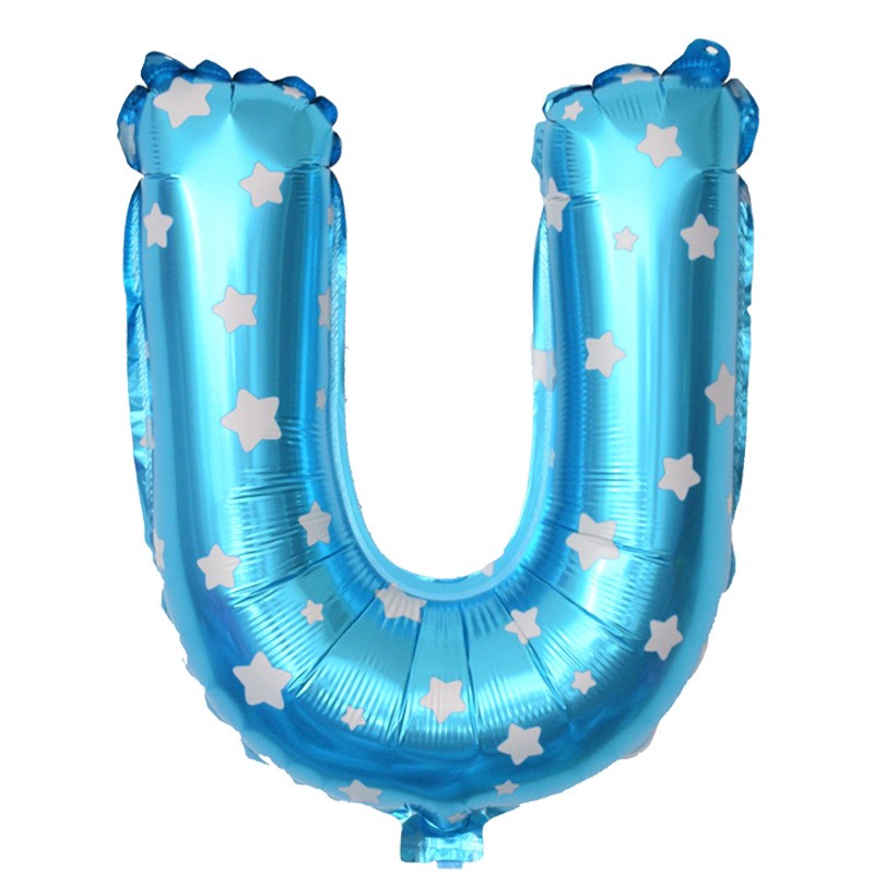 Balon Folie Metalizata Litera U, Figurina Party Imprimeu Stelute, Umflare Heliu sau Aer, Include Pai, Albastru, 40 cm
