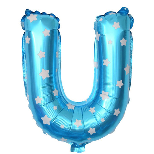 Balon Folie Metalizata Litera U, Figurina Party Imprimeu Stelute, Umflare Heliu sau Aer, Include Pai, Albastru, 40 cm
