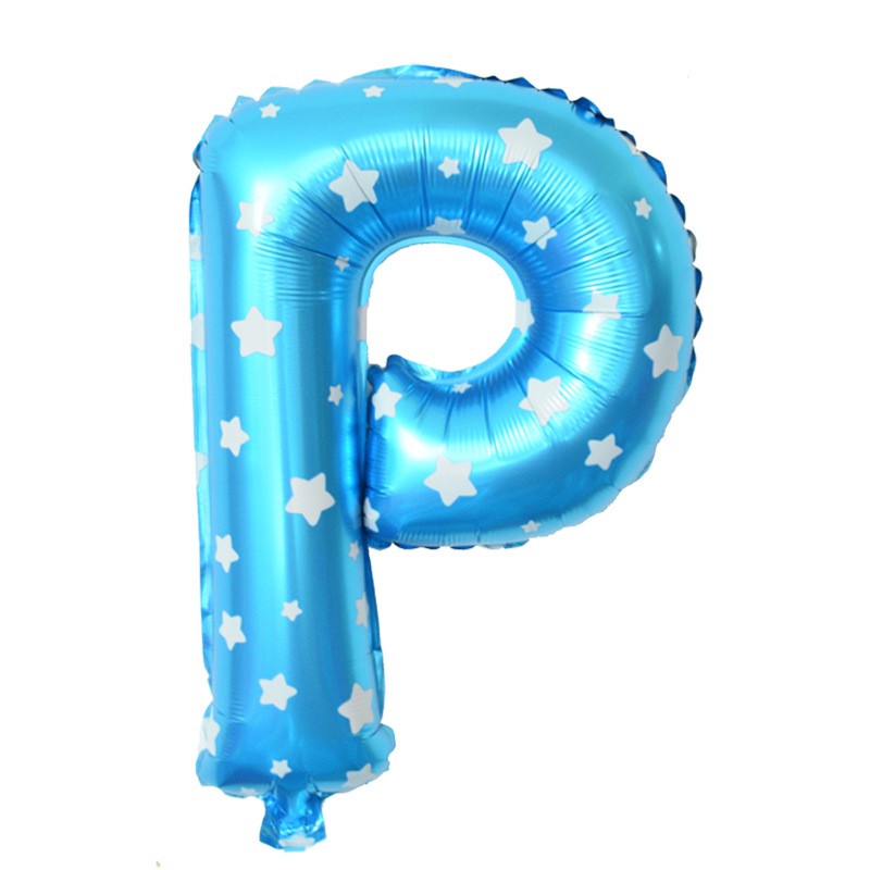 Balon Folie Metalizata Litera P, Imprimeu Stelute, Umflare Heliu sau Aer, Material Rezistent, Pai Inclus, Albastru, 40 cm