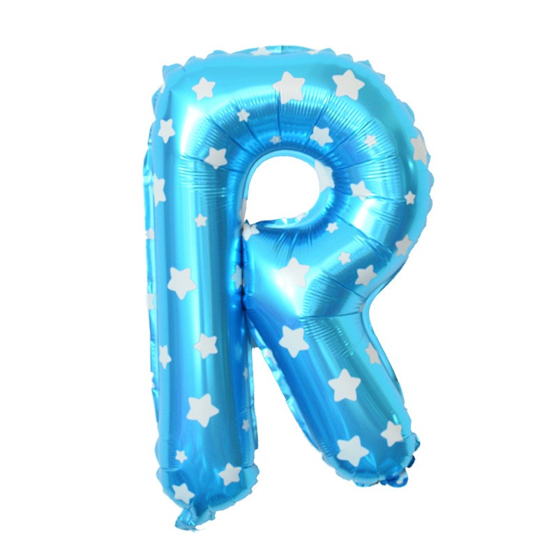 Balon Folie Metalizata Litera R, Imprimeu Stelute, Umflare Heliu sau Aer, Aluminiu, Inaltime 40 cm, Albastru
