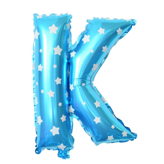Balon Litera K din Folie Metalizata, Imprimeu Stelute, Umflare cu Heliu sau Aer, Pai Inclus, Albastru, 40 cm