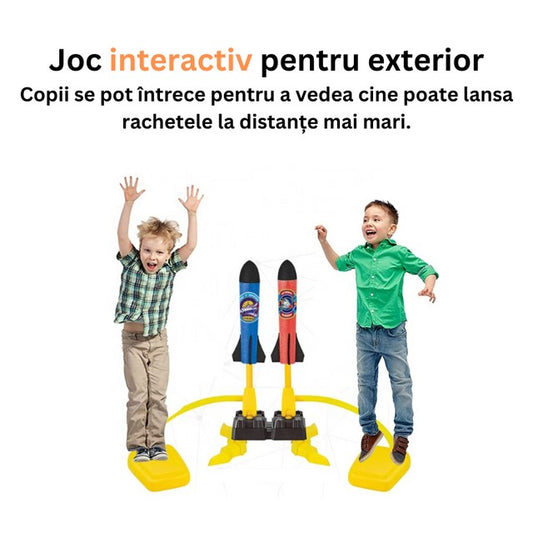 Jucarie Lansator Rachete pentru Copii, Set Dublu cu 2 Pedale Actionate cu Piciorul, Joc de Exterior Interactiv, Material Spuma si Plastic, Include 6 Rachete Multicolore