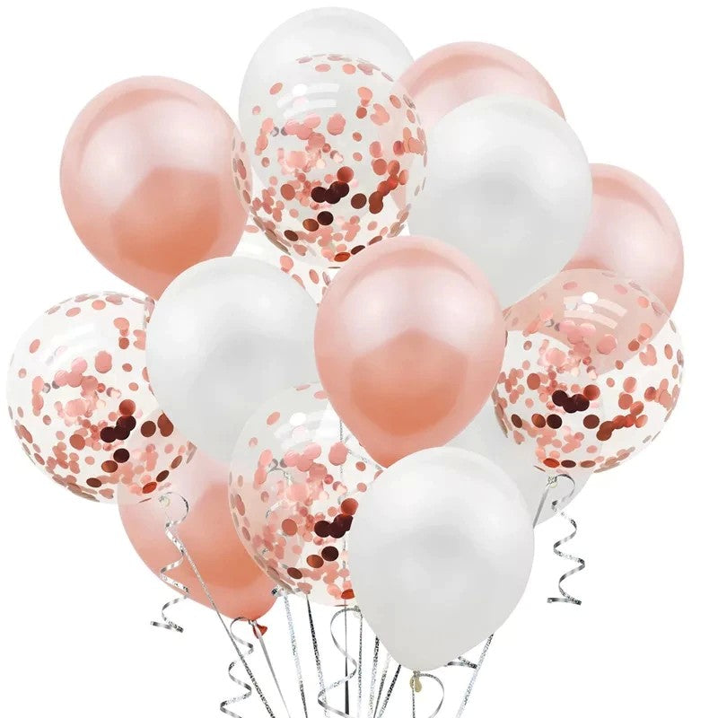 Set 15 Baloane Petrecere, Baloane Latex cu Confetti, Umflare Aer sau Heliu, Biodegradabile, Rose Gold și Alb, 30 cm