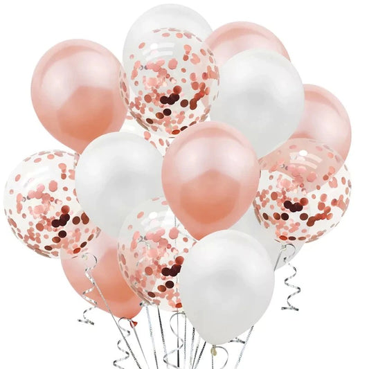 Set 15 Baloane Petrecere, Baloane Latex cu Confetti, Umflare Aer sau Heliu, Biodegradabile, Rose Gold și Alb, 30 cm