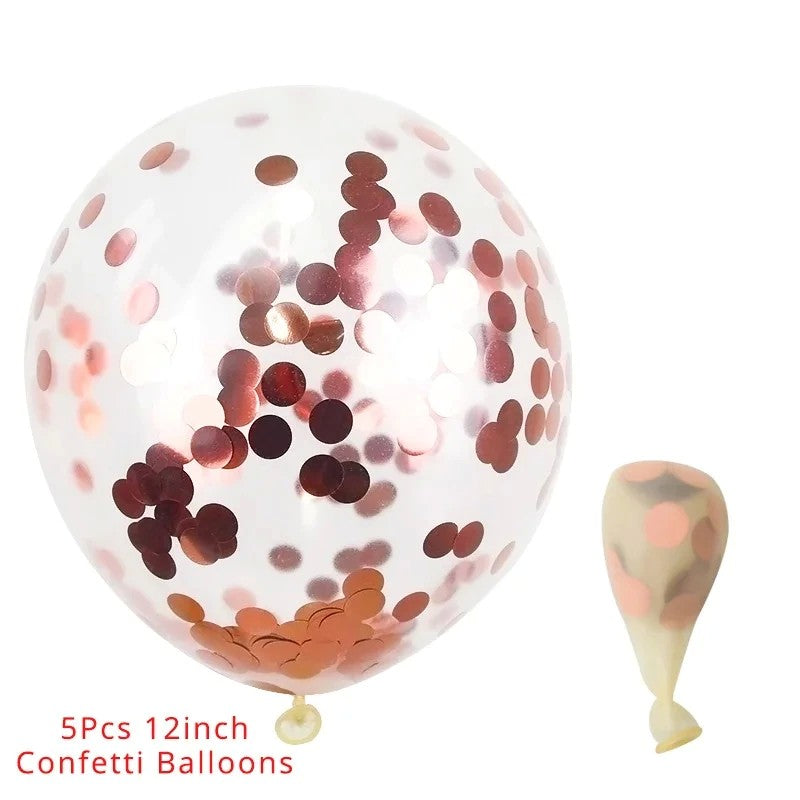 Set 15 Baloane Petrecere, Baloane Latex cu Confetti, Umflare Aer sau Heliu, Biodegradabile, Rose Gold și Alb, 30 cm