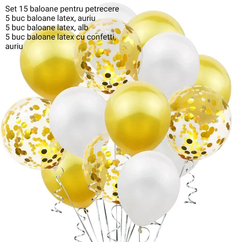Set 15 Baloane Pentru Petrecere, Mix Alb si Auriu, Latex Biodegradabil, 30 cm