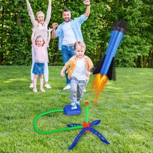 Lansator Rachete pentru Copii, Joc de Exterior cu Pedala Pneumatica, Jucarie Interactiva din Burete, 1 Lansator si 3 Rachete incluse, Multicolor