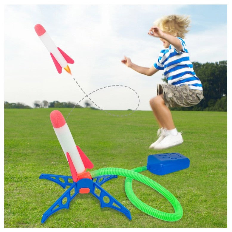 Lansator Rachete pentru Copii, Joc de Exterior cu Pedala Pneumatica, Jucarie Interactiva din Burete, 1 Lansator si 3 Rachete incluse, Multicolor