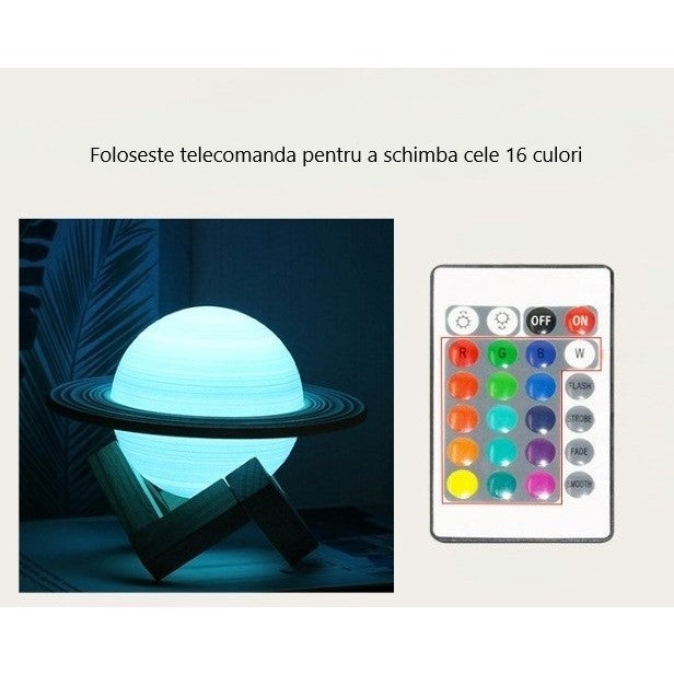 Lampa de Veghe Saturn 3D, Iluminare LED 16 Culori cu Telecomanda, Control Tactil, Suport din Lemn, Alimentare Baterii, 15 cm