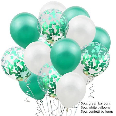 Set 15 Baloane Petrecere cu Confetti, Baloane Latex Biodegradabile pentru Aer sau Heliu, Alb și Verde, 30 cm, 15 Bucăți