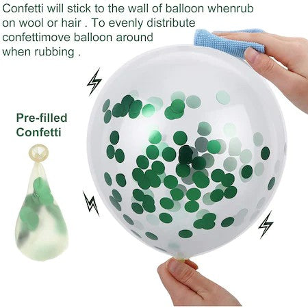 Set 15 Baloane Petrecere cu Confetti, Baloane Latex Biodegradabile pentru Aer sau Heliu, Alb și Verde, 30 cm, 15 Bucăți