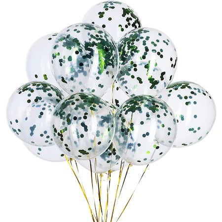 Set 15 Baloane Petrecere cu Confetti, Baloane Latex Biodegradabile pentru Aer sau Heliu, Alb și Verde, 30 cm, 15 Bucăți