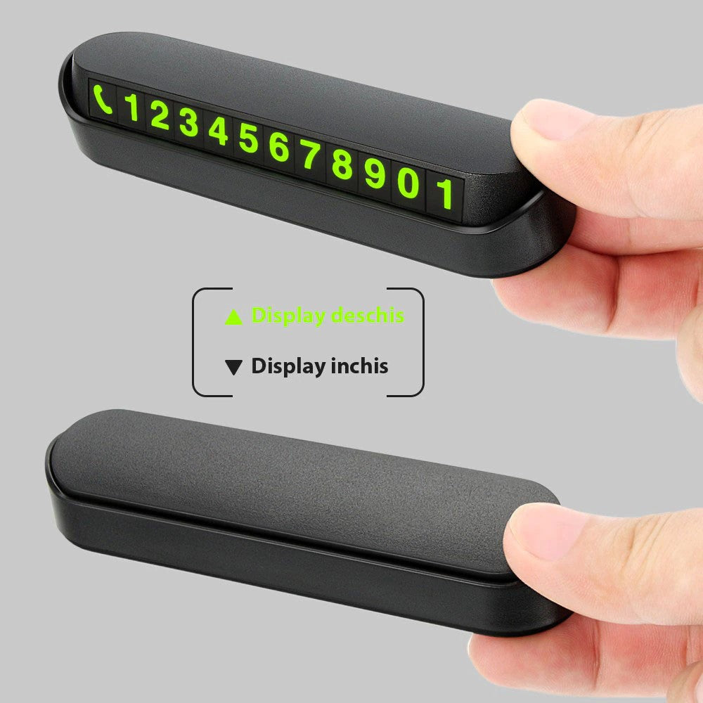 Suport Numar Telefon Auto pentru Parcare Temporara, Afisaj Retractabil cu Inchidere One-Click, Magnetic, Material ABS si PC, Include 4 Seturi de Cifre, 13 x 3.5 x 2.6 cm, Negru