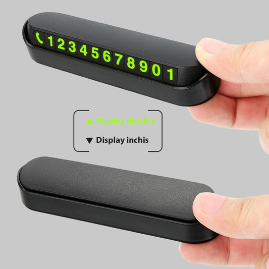Suport Numar Telefon Auto pentru Parcare Temporara, Afisaj Retractabil cu Inchidere One-Click, Magnetic, Material ABS si PC, Include 4 Seturi de Cifre, 13 x 3.5 x 2.6 cm, Negru