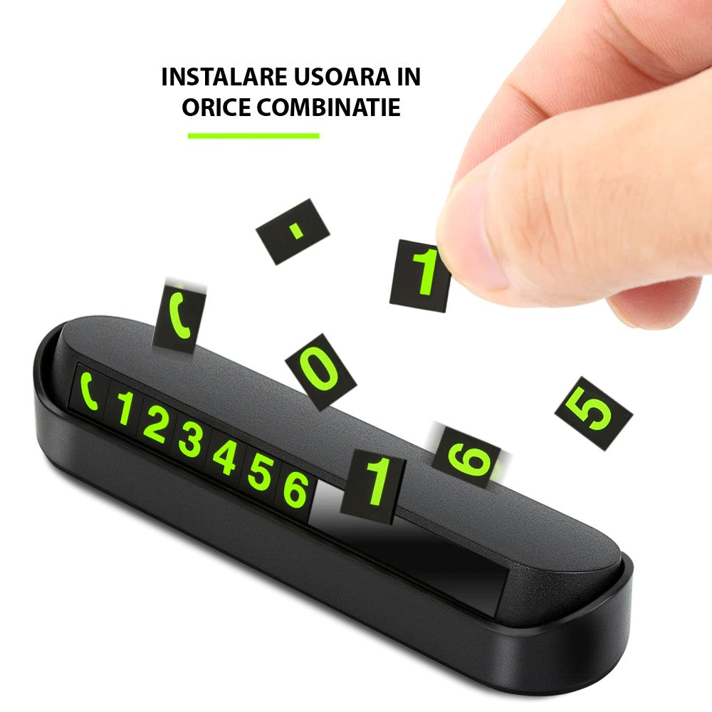Suport Numar Telefon Auto pentru Parcare Temporara, Afisaj Retractabil cu Inchidere One-Click, Magnetic, Material ABS si PC, Include 4 Seturi de Cifre, 13 x 3.5 x 2.6 cm, Negru