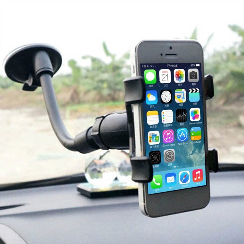 Suport Auto Universal pentru Telefon si GPS, Brat Extensibil si Ajustabil, Rotire 360 Grade, Prindere cu Ventuza pentru Parbriz si Bord, Compatibil Dispozitive 4-7 Inch, Plastic, Negru