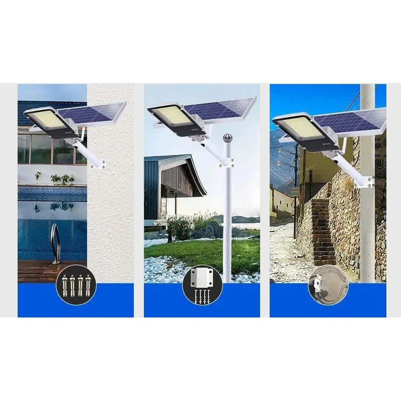 Proiector LED Solar cu Suport Metalic, Lampa Stradala 240 COB LED, 50W, Rezistent la Apa IP65, Senzor de Lumina, Telecomanda si Kit Montaj, Lumina Rece, 38.5 x 14.2 cm