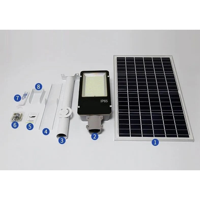 Proiector LED Solar cu Suport Metalic, Lampa Stradala 240 COB LED, 50W, Rezistent la Apa IP65, Senzor de Lumina, Telecomanda si Kit Montaj, Lumina Rece, 38.5 x 14.2 cm