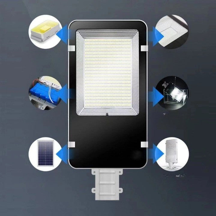 Proiector LED Solar cu Suport Metalic, Lampa Stradala 240 COB LED, 50W, Rezistent la Apa IP65, Senzor de Lumina, Telecomanda si Kit Montaj, Lumina Rece, 38.5 x 14.2 cm