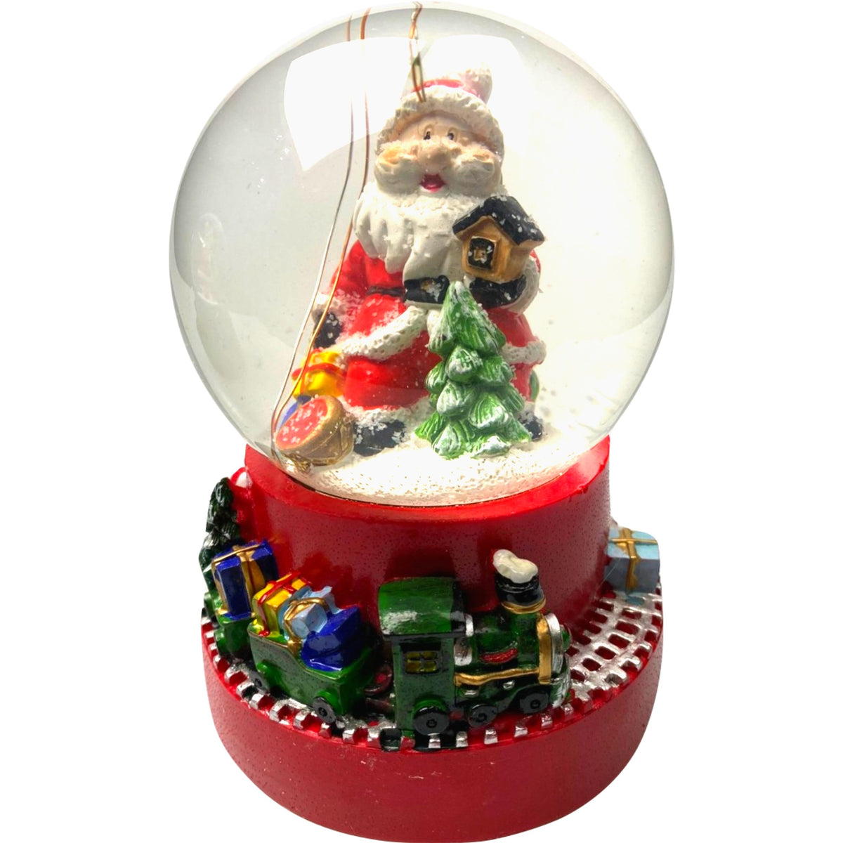 Glob Muzical Cu Zapada Si Lumini LED, Decoratiune Craciun Mos Craciun Pe Tren, Efect Ninsoare, Inaltime 16 cm, Multicolor
