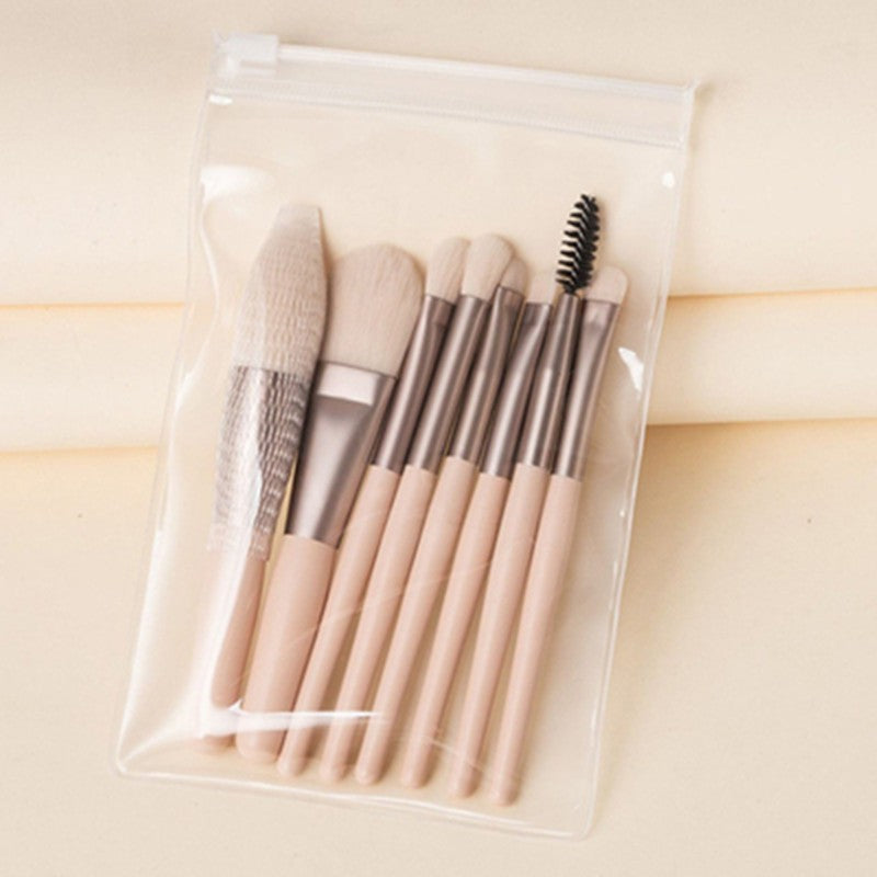 Set 8 Pensule Machiaj Mini Portabile, Pensule Profesionale pentru Pudra si Fond de Ten, Maner Plastic si Peri Moi, Bej