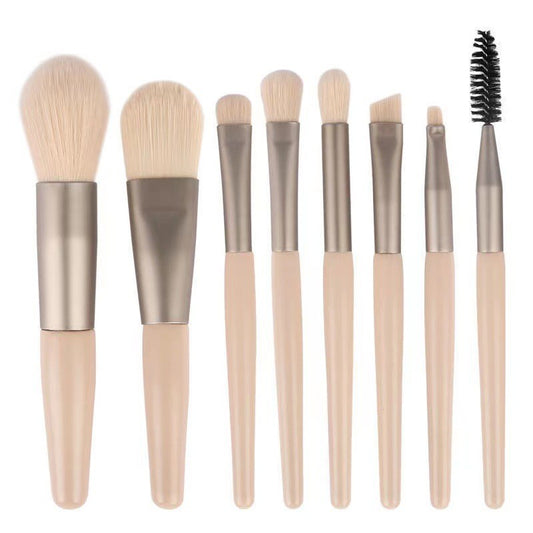 Set 8 Pensule Machiaj Mini Portabile, Pensule Profesionale pentru Pudra si Fond de Ten, Maner Plastic si Peri Moi, Bej