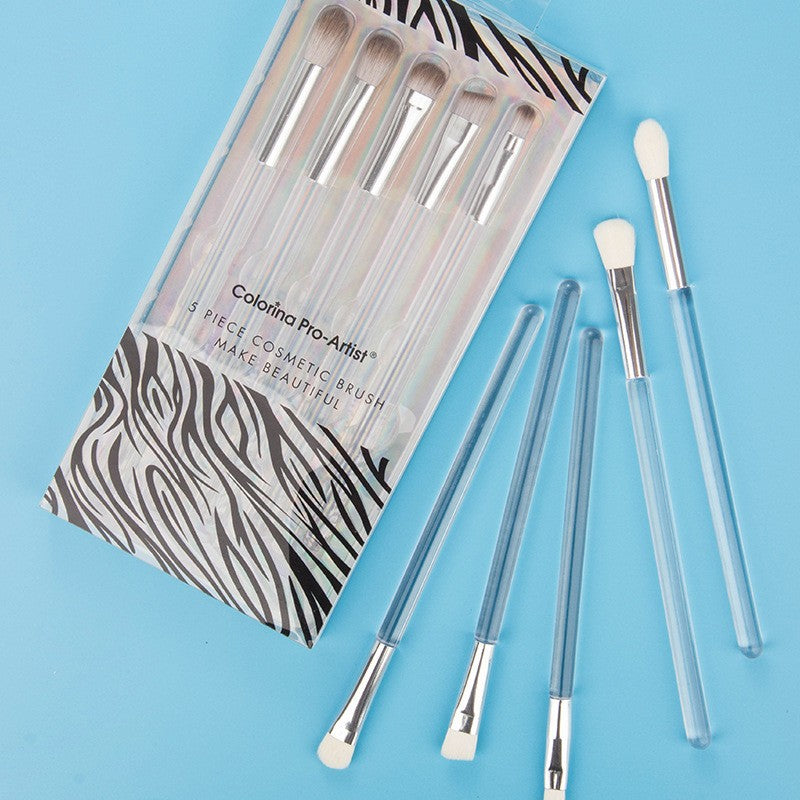 Set 5 Pensule Machiaj Ochi si Sprancene, Peri Sintetici Moale pentru Estompare si Detalii, Maner Plastic Transparent, 5 Piese