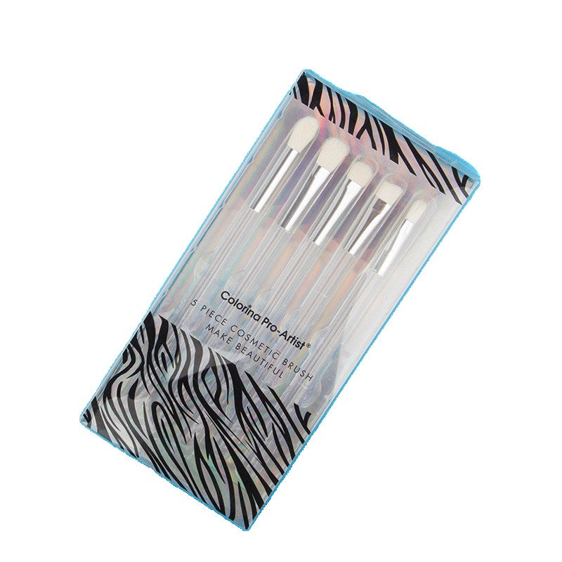 Set 5 Pensule Machiaj Ochi si Sprancene, Peri Sintetici Moale pentru Estompare si Detalii, Maner Plastic Transparent, 5 Piese