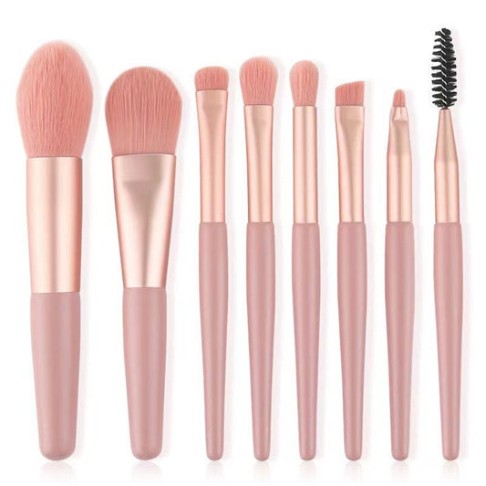 Set 8 Pensule Machiaj Mini Portabile, Kit Profesional pentru Ochi si Fata, Peri Moi din Silicon si Maner Plastic, Roz