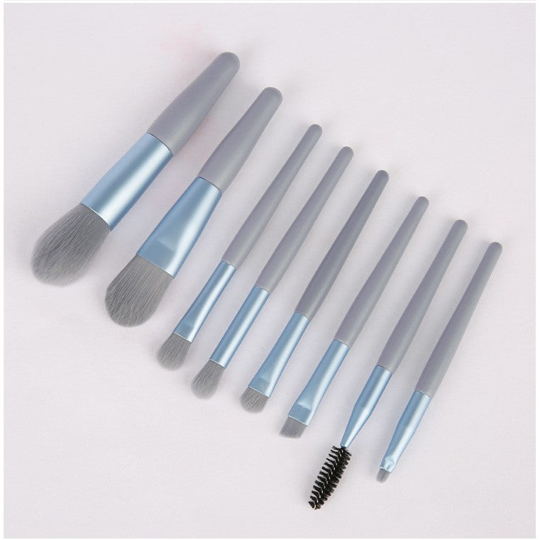 Set 8 Pensule Machiaj Mini, Kit Cosmetic Portabil pentru Pudră, Fond de Ten și Fard de Pleoape, Peri din Silicon Moale și Mâner Plastic, Albastru, 8 Bucăți