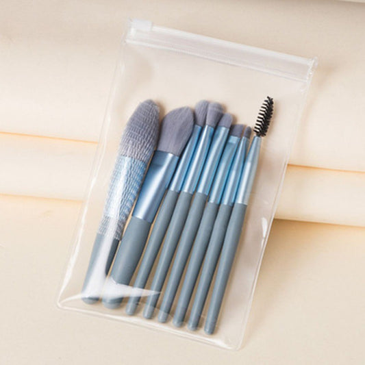 Set 8 Pensule Machiaj Mini, Kit Cosmetic Portabil pentru Pudră, Fond de Ten și Fard de Pleoape, Peri din Silicon Moale și Mâner Plastic, Albastru, 8 Bucăți