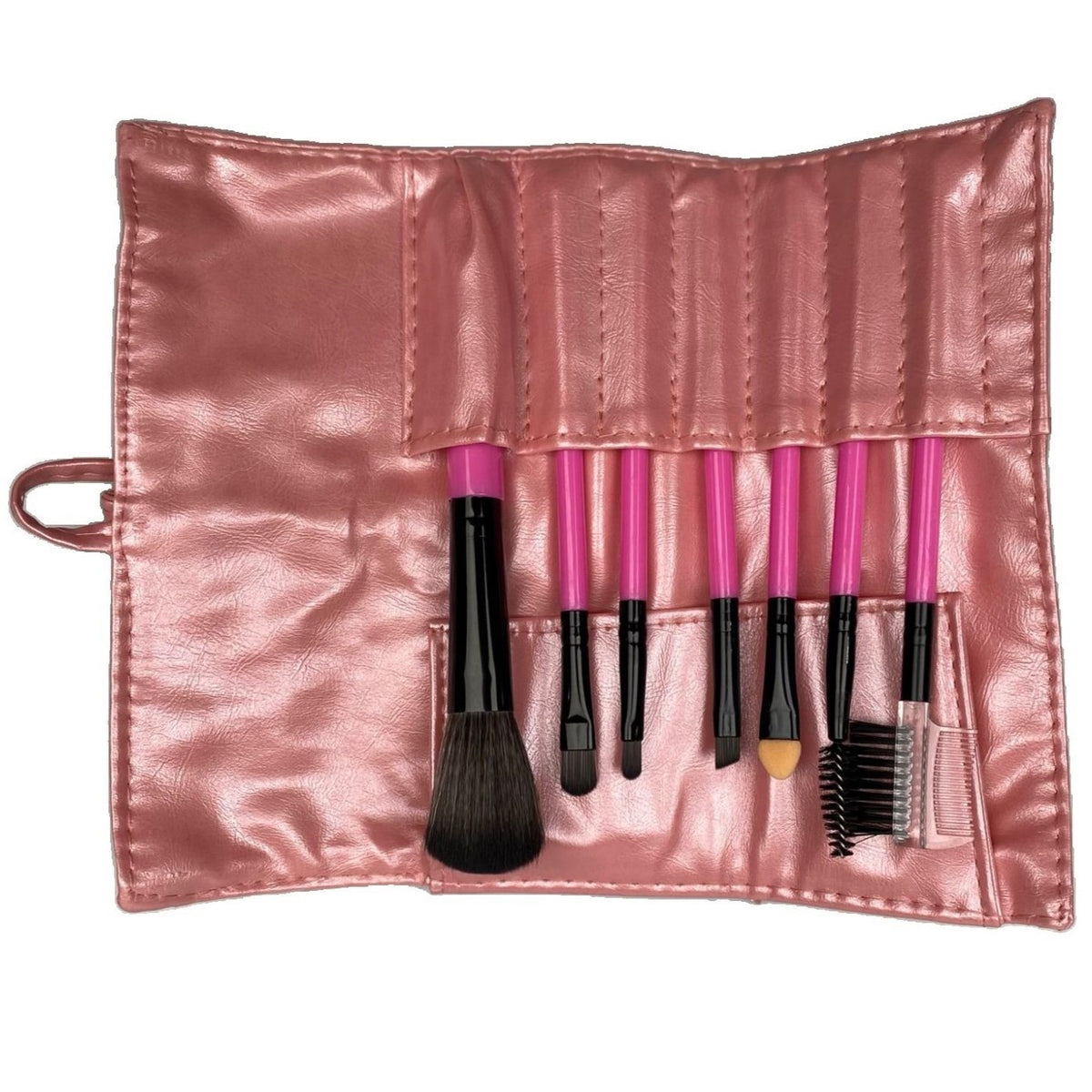 Set Portabil 7 Pensule de Machiaj, Kit Complet pentru Ochi si Fata, Peri Moi din Silicon, Maner Plastic, Husa de Depozitare Inclusa, Crem Roz