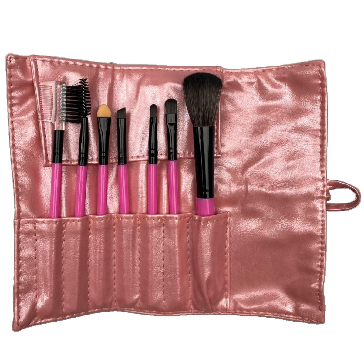 Set Portabil 7 Pensule de Machiaj, Kit Complet pentru Ochi si Fata, Peri Moi din Silicon, Maner Plastic, Husa de Depozitare Inclusa, Crem Roz