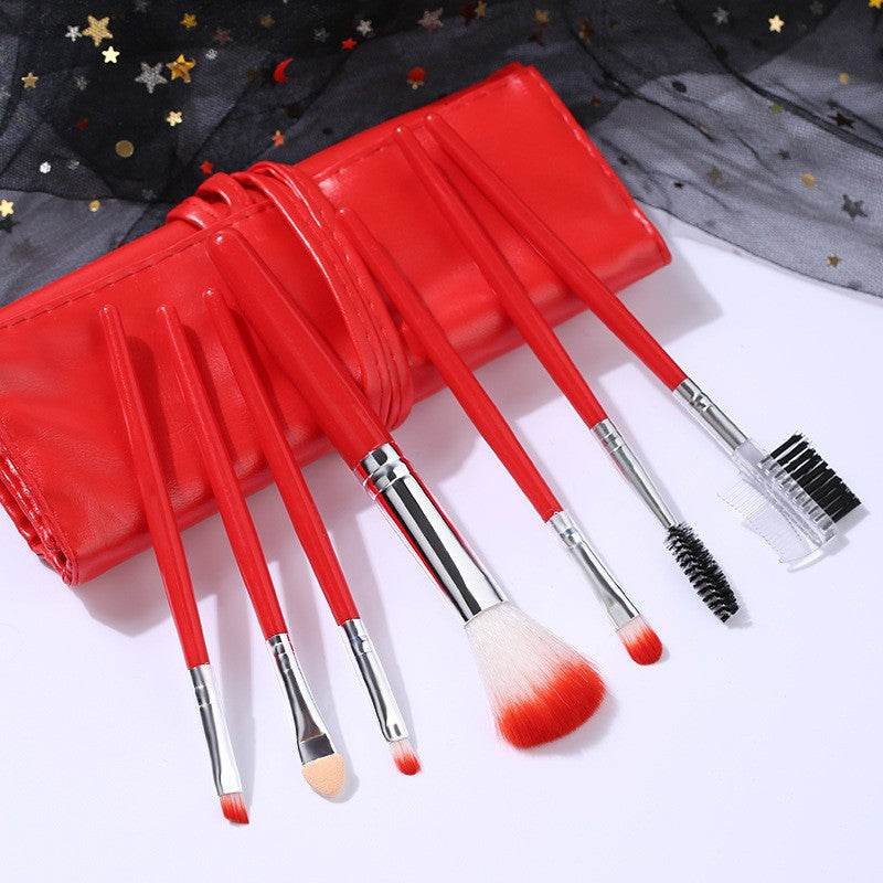 Set 7 Pensule Machiaj Portabile, Pensule Profesionale pentru Pudra si Fard, Maner Plastic si Silicon Moale, Husa de Protectie Inclusa, Rosu