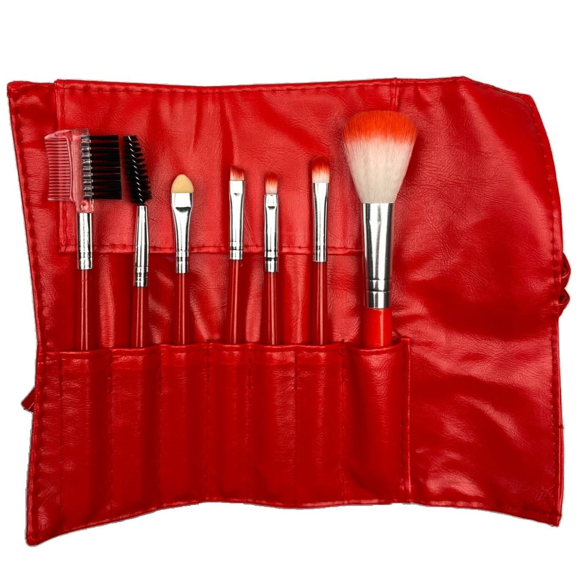 Set 7 Pensule Machiaj Portabile, Pensule Profesionale pentru Pudra si Fard, Maner Plastic si Silicon Moale, Husa de Protectie Inclusa, Rosu