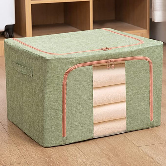 Cutie de Depozitare Pliabila pentru Haine si Organizare, Fereastra Frontala si 2 Usi cu Fermoar, Cadru Metalic si Material Impermeabil, Bumbac si In, 24 L, 40x30x20 cm, Verde