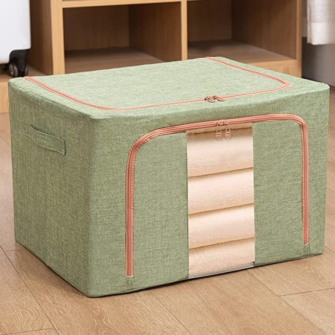 Cutie de Depozitare Pliabila pentru Haine si Organizare, Fereastra Frontala si 2 Usi cu Fermoar, Cadru Metalic si Material Impermeabil, Bumbac si In, 24 L, 40x30x20 cm, Verde