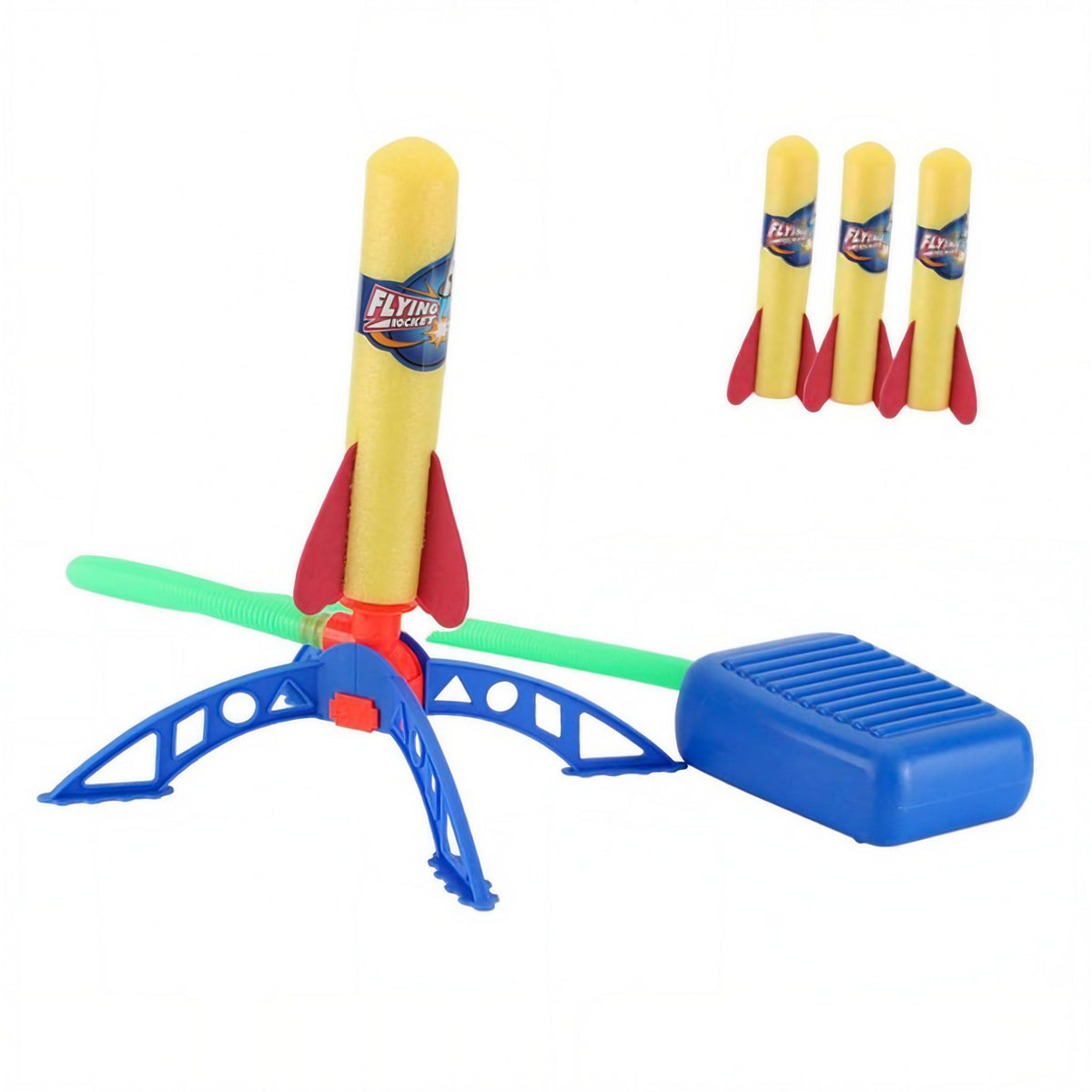 Lansator Rachete de Jucarie pentru Exterior, Set cu Pompa de Picior si 2 Pedale Duble, Activitati in Aer Liber, Spuma, 3 Rachete Incluse