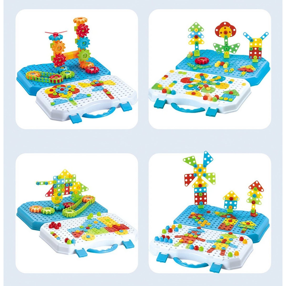Set Constructie Bormasina Magica, Joc Educativ cu Mozaic si Surubelnita Electrica, Servieta Transport, Plastic, 310 Piese, 31x46 cm, Albastru/Multicolor