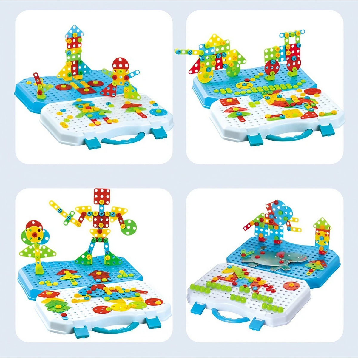 Set Constructie Bormasina Magica, Joc Educativ cu Mozaic si Surubelnita Electrica, Servieta Transport, Plastic, 310 Piese, 31x46 cm, Albastru/Multicolor