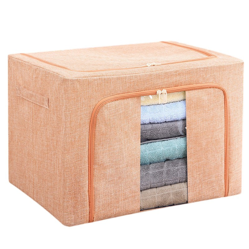 Cutie Depozitare Pliabila cu Cadru Metalic, Organizator Haine si Jucarii, Fermoar Bidirectional si Fereastra, Bumbac si In Impermeabil, 66 L, 50x40x33 cm, Roz Pudrat