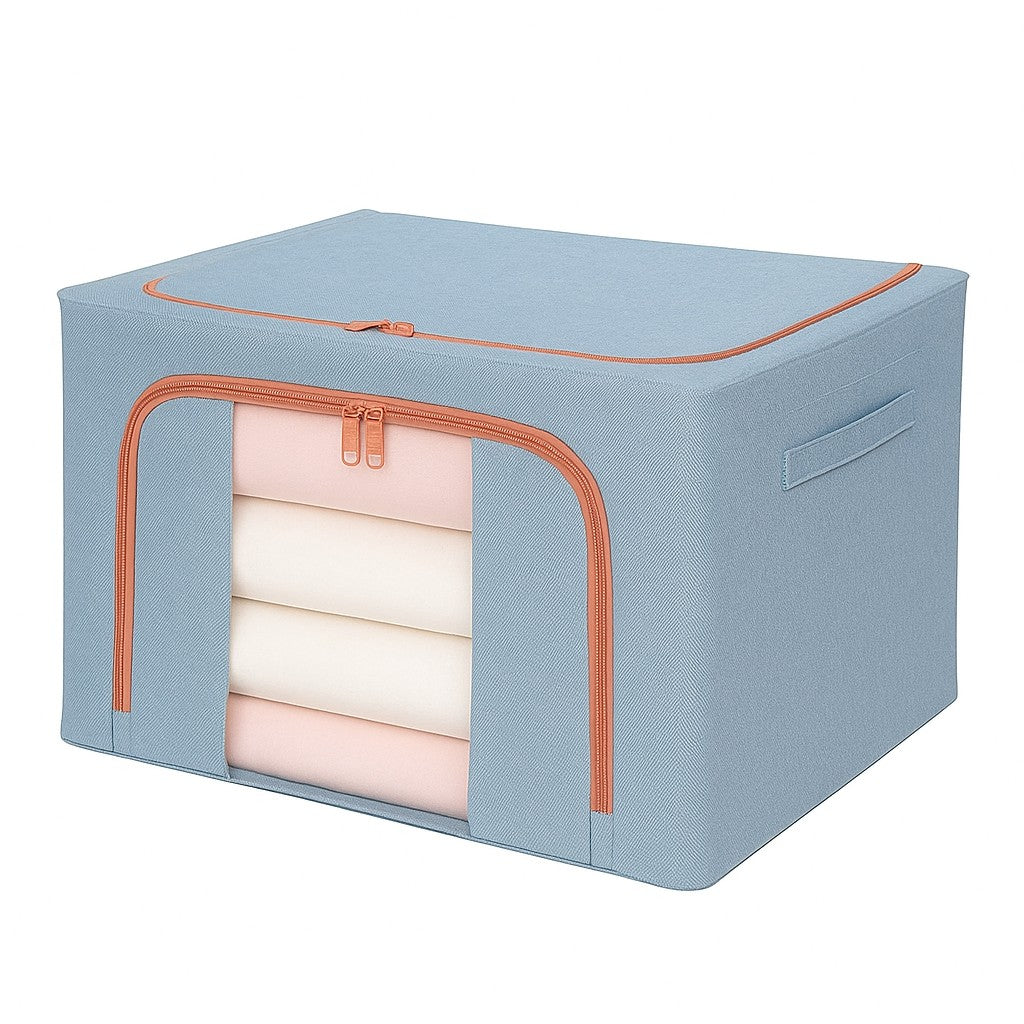 Cutie Depozitare Pliabila cu Fereastra Transparenta si 2 Usi, Cadru Metalic Impermeabil, Organizator Haine si Jucarii, Bumbac si In, 66 L, 50x40x33 cm, Bleu