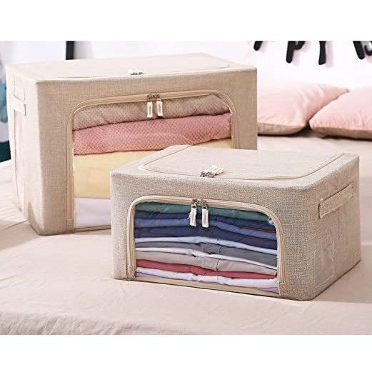 Cutie de Depozitare Pliabila pentru Haine si Jucarii, Organizator cu Fermoar si Fereastra Transparenta, Cadru Metalic si Baza Stabila, Material Textil din Bumbac si In, 66 L, 50x40x33 cm, Crem