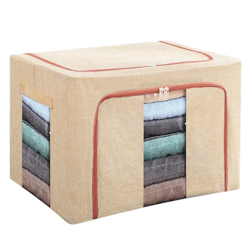 Cutie Depozitare Pliabila pentru Haine si Jucarii, Cadru Metalic si Fermoar Bidirectional, Material Impermeabil din Bumbac si In, 2 Ferestre de Vizualizare, 24 L, 40x30x20 cm, Bej