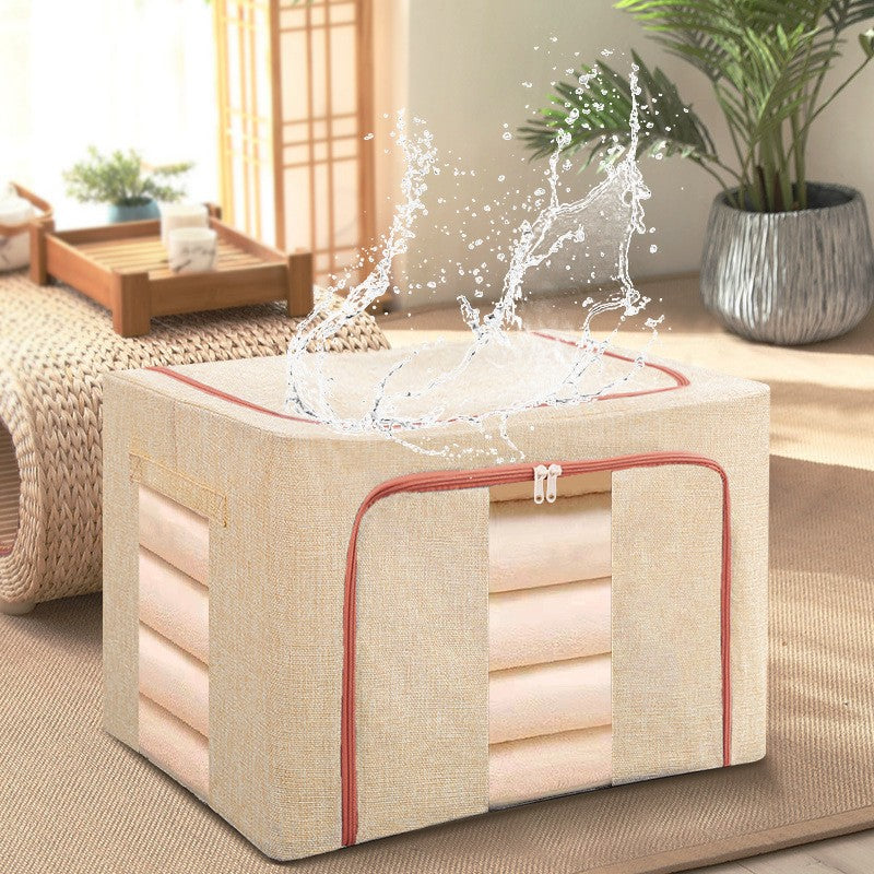 Cutie Depozitare Pliabila pentru Haine si Jucarii, Cadru Metalic si Fermoar Bidirectional, Material Impermeabil din Bumbac si In, 2 Ferestre de Vizualizare, 24 L, 40x30x20 cm, Bej