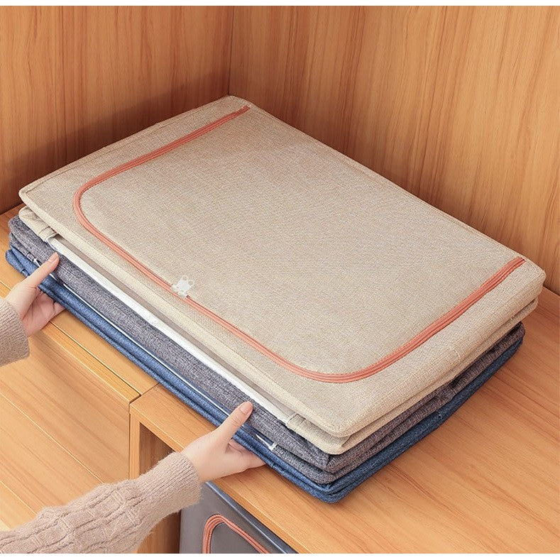 Cutie Depozitare Pliabila pentru Haine si Jucarii, Cadru Metalic si Fermoar Bidirectional, Material Impermeabil din Bumbac si In, 2 Ferestre de Vizualizare, 24 L, 40x30x20 cm, Bej