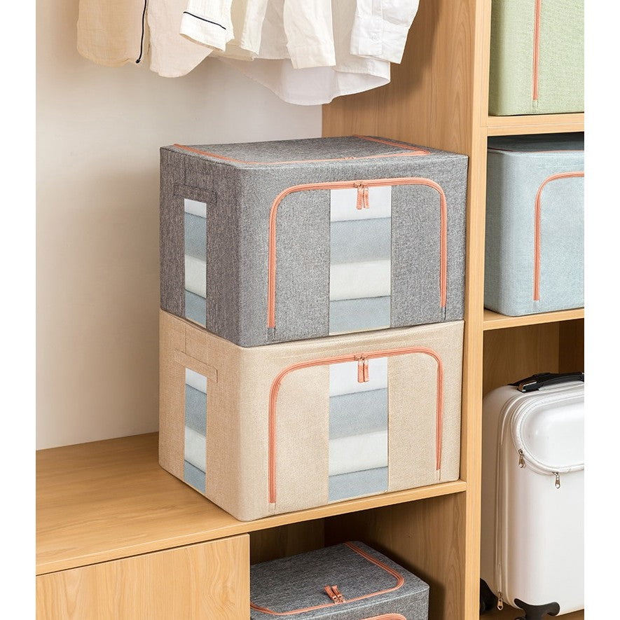 Cutie Depozitare Pliabila pentru Haine si Jucarii, Cadru Metalic si Fermoar Bidirectional, Material Impermeabil din Bumbac si In, 2 Ferestre de Vizualizare, 24 L, 40x30x20 cm, Bej