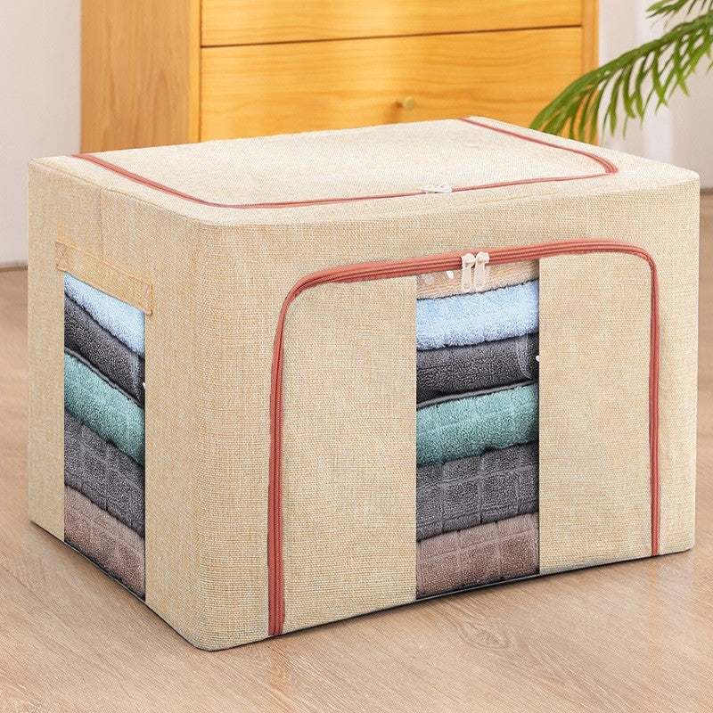 Cutie Depozitare Pliabila pentru Haine si Jucarii, Cadru Metalic si Fermoar Bidirectional, Material Impermeabil din Bumbac si In, 2 Ferestre de Vizualizare, 24 L, 40x30x20 cm, Bej