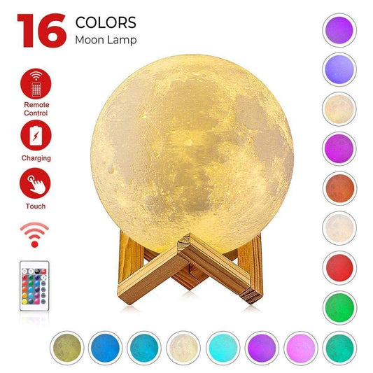 Lampa de Veghe 3D Moon Light in Forma de Luna cu Stele, 16 Culori RGB, Telecomanda, Acumulator Reincarcabil USB, Suport Inclus, Diametru 13 cm, Multicolor