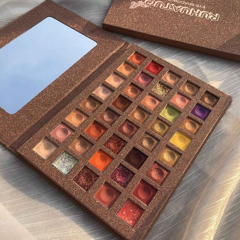 Paleta Farduri Ochi cu 40 Culori Pigmentate, Trusa Machiaj Profesionala, Textura Fina cu Finish Mat, Metalic, Sidefat si Sclipici, Nuante Nude si Maro, 40 Grains